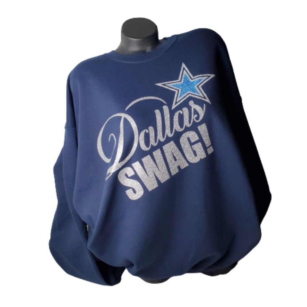 Dallas Swag Navy Sweatshirt with Shiny Glitter Lettering.